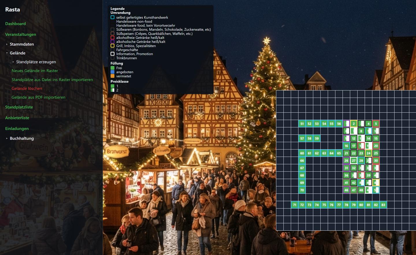 Gelände der Veranstaltung Rasta als Raster, mit Weihnachtsmarkt als Hintergrund.
